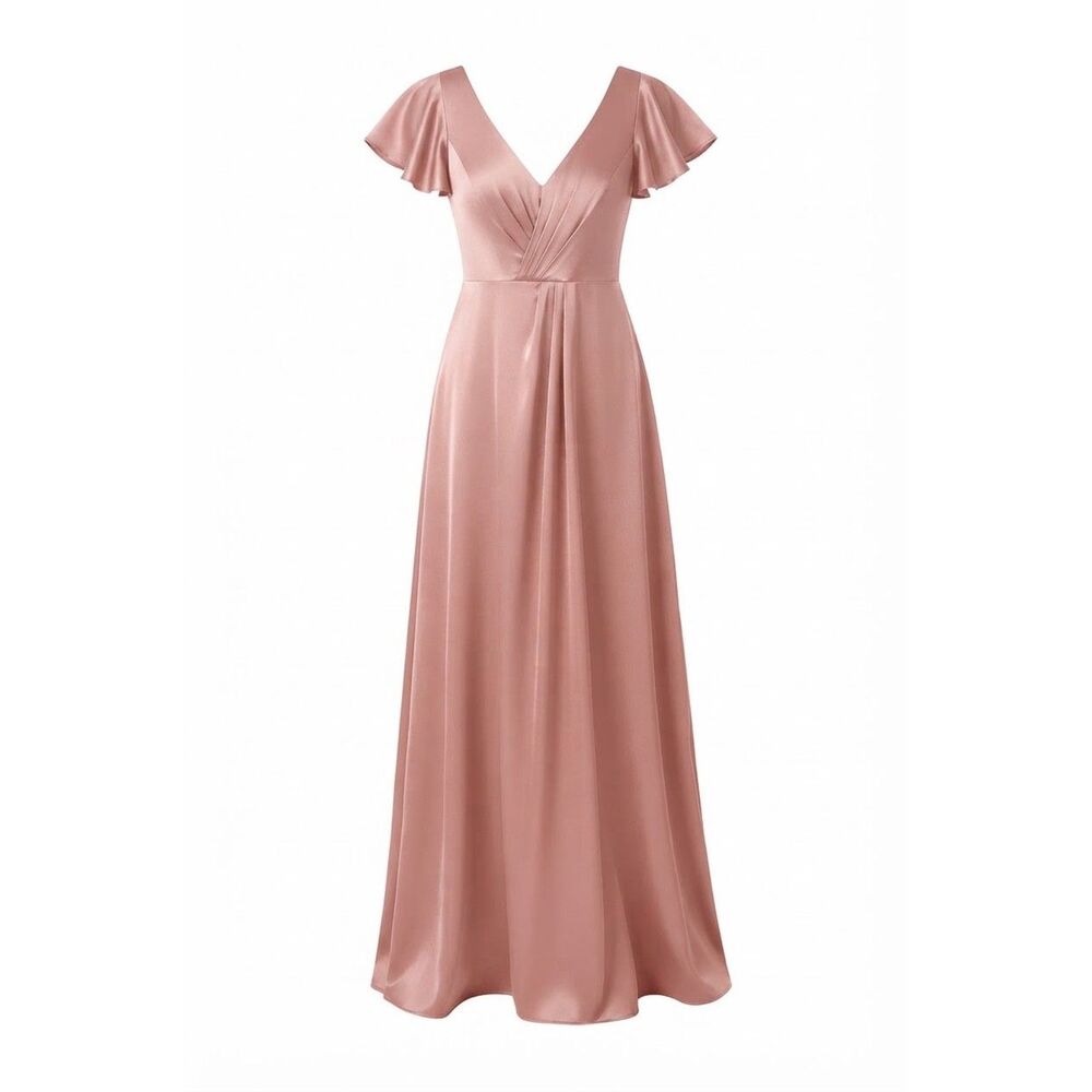 Azazie, Women's Rose Satin V-Neck Elegant Maxi Dress S